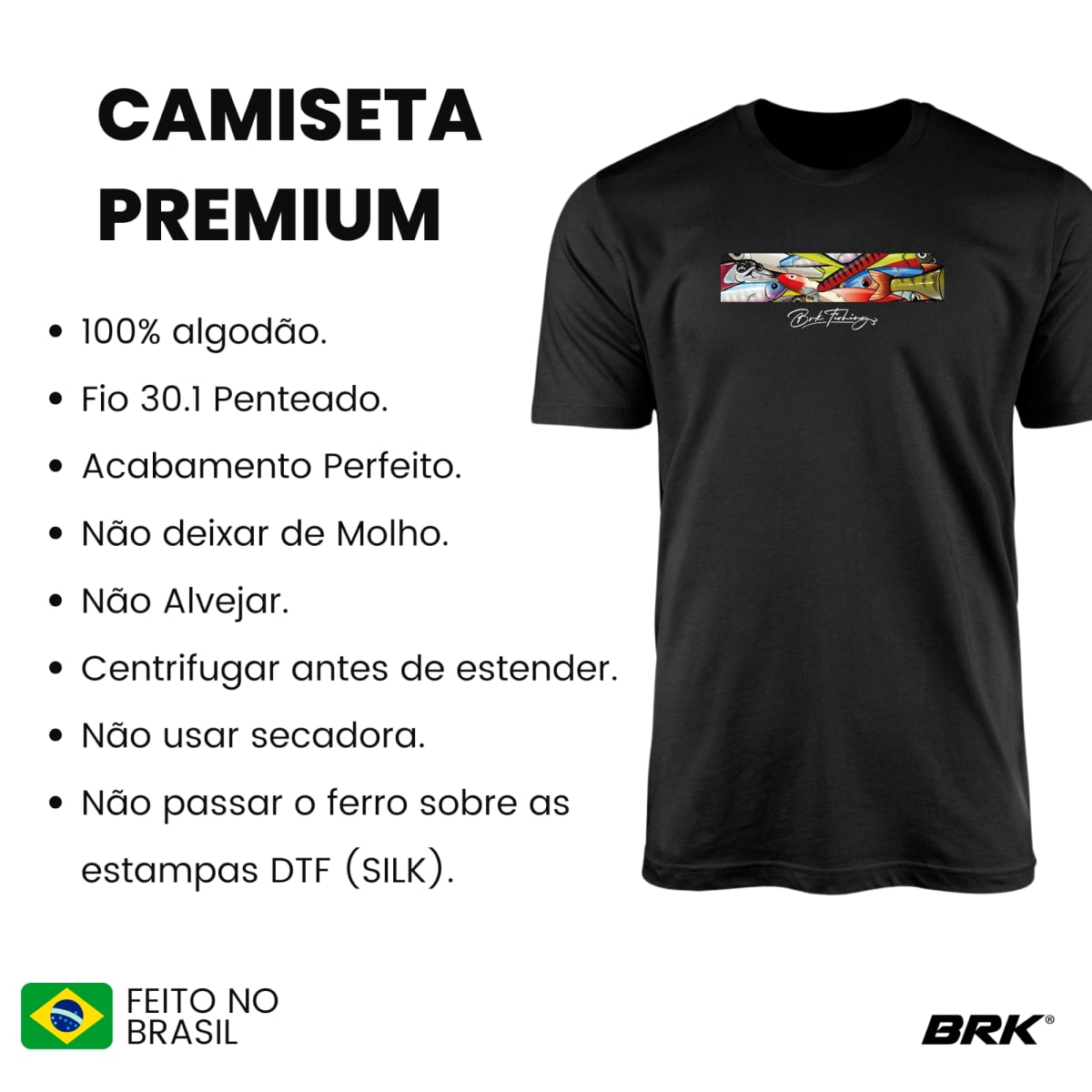 Camiseta de Pesca Brk Fishing Iscas Artificiais Vibrantes com Algodão Premium