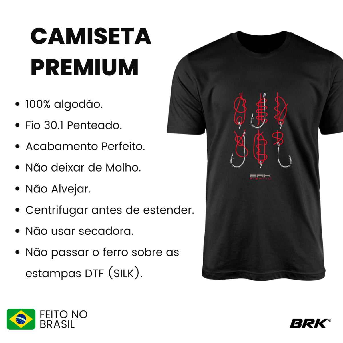 Camiseta de Pesca Brk Fishing Tipos de Nó Anzol com Algodão Premium