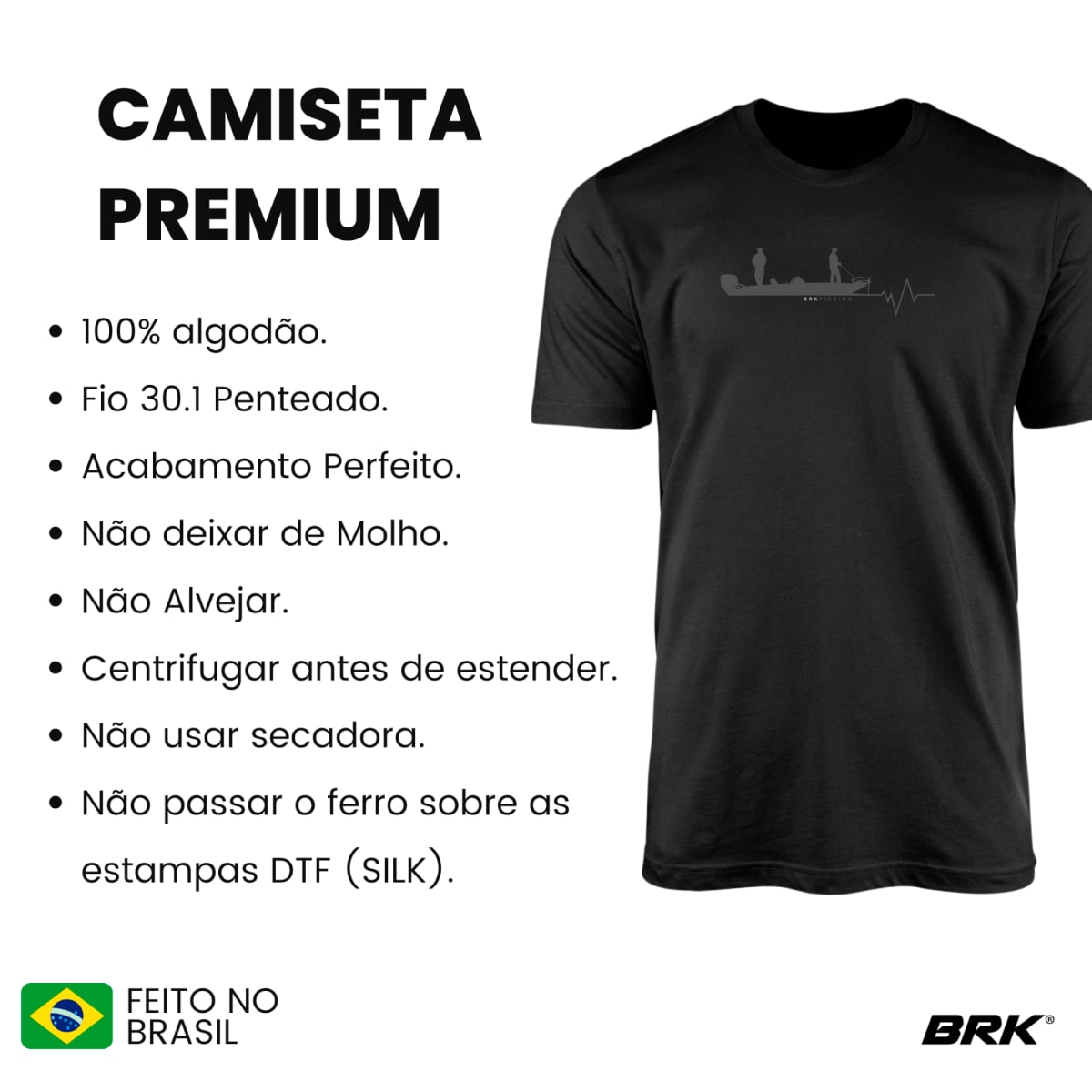 Camiseta de Pesca Brk Fishing Pescadores linha de Batimento Cadíaco com Algodão Premium