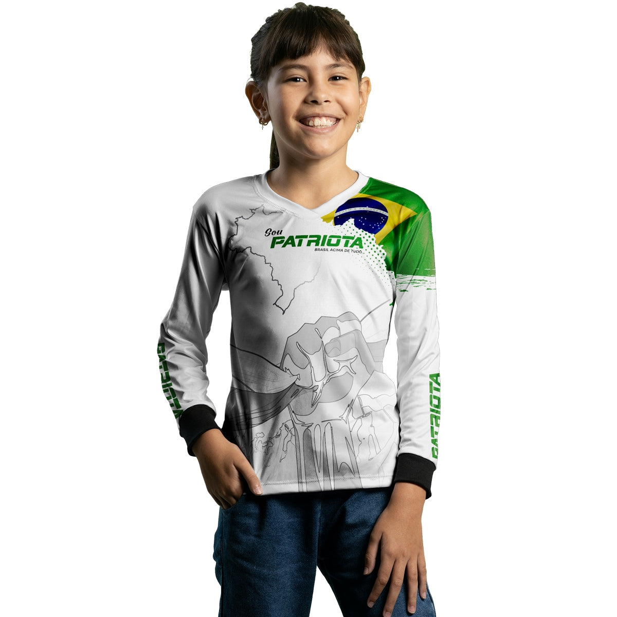 Camisa Agro Infantil Brk Básica Patriota Bandeira do Brasil Branca com Proteção UV50+