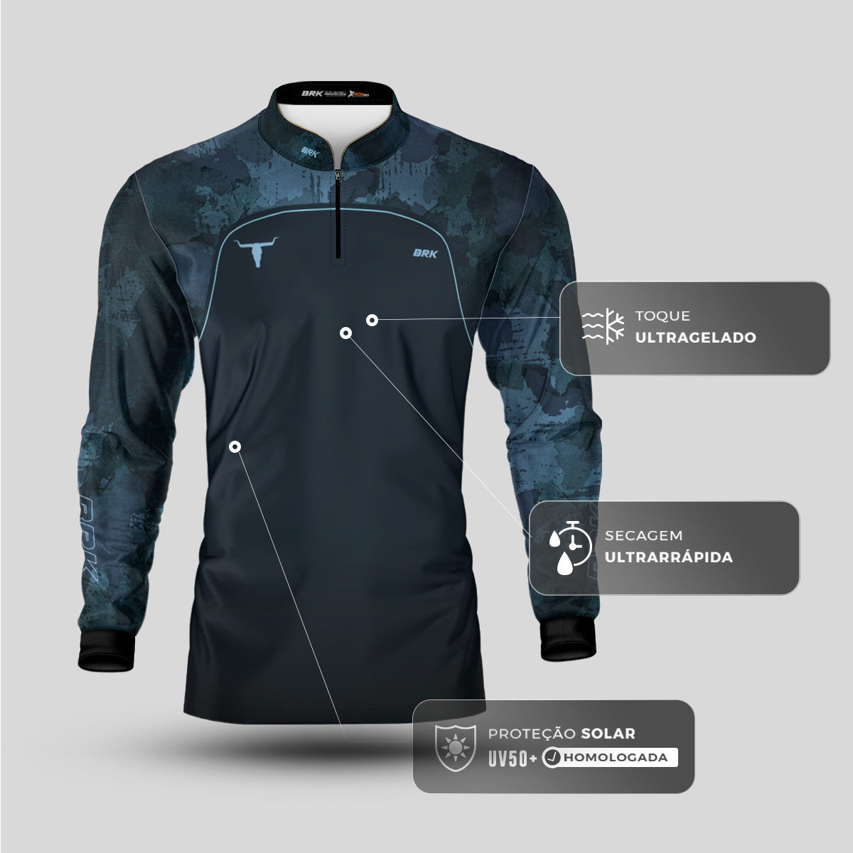 Camisa Agro Brk Camo Long Horn Brasil Azul com Proteção Solar UV50+