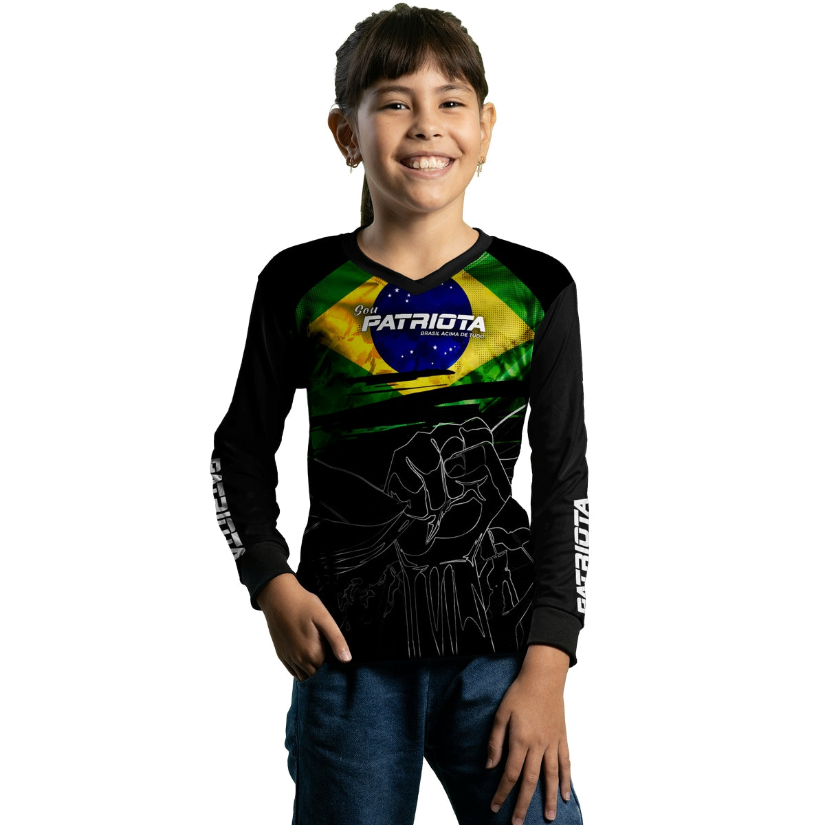 Camisa Agro Infantil Brk Básica Patriota Preta Bandeira do Brasil com Proteção UV50+