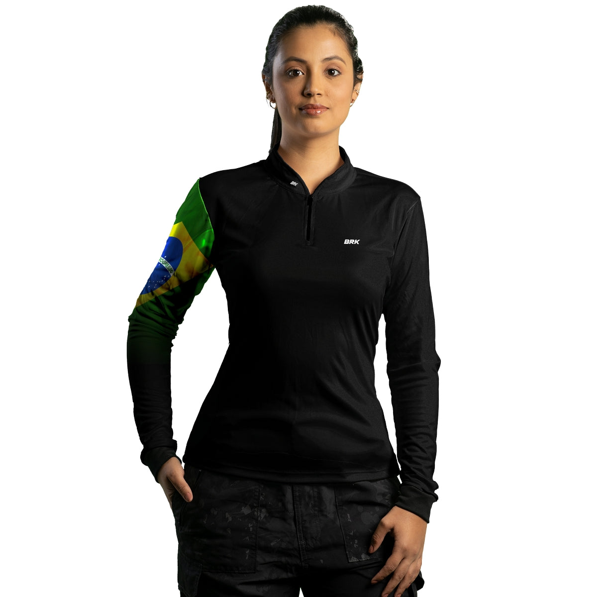 Camisa Feminina Brk Preta Bandeira do Brasil com Proteção Solar UV50 Envio Imediato