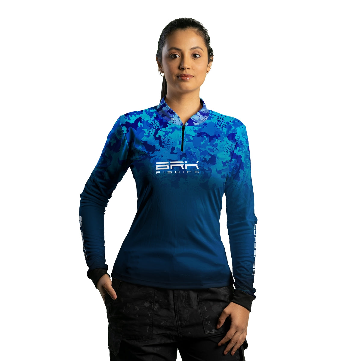 Camisa de Pesca Feminina Brk Azul Naval Camuflado com Proteção UV50+