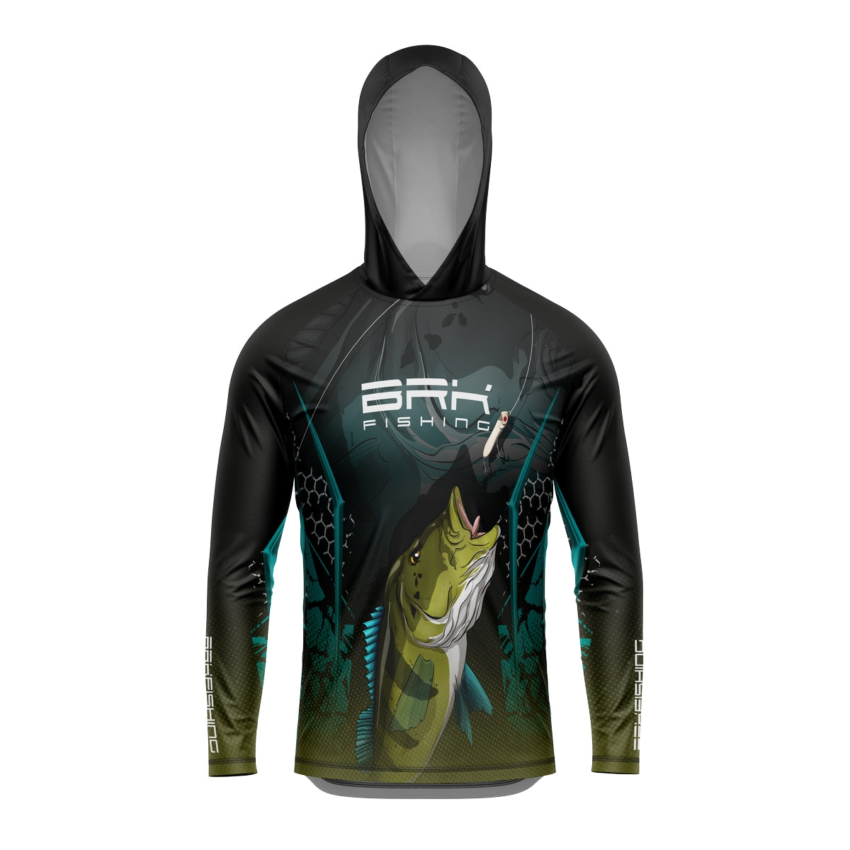 Camisa de Pesca com Capuz Brk Preta e Azul Brk Tucunaré Azul com Proteção Solar UV50+