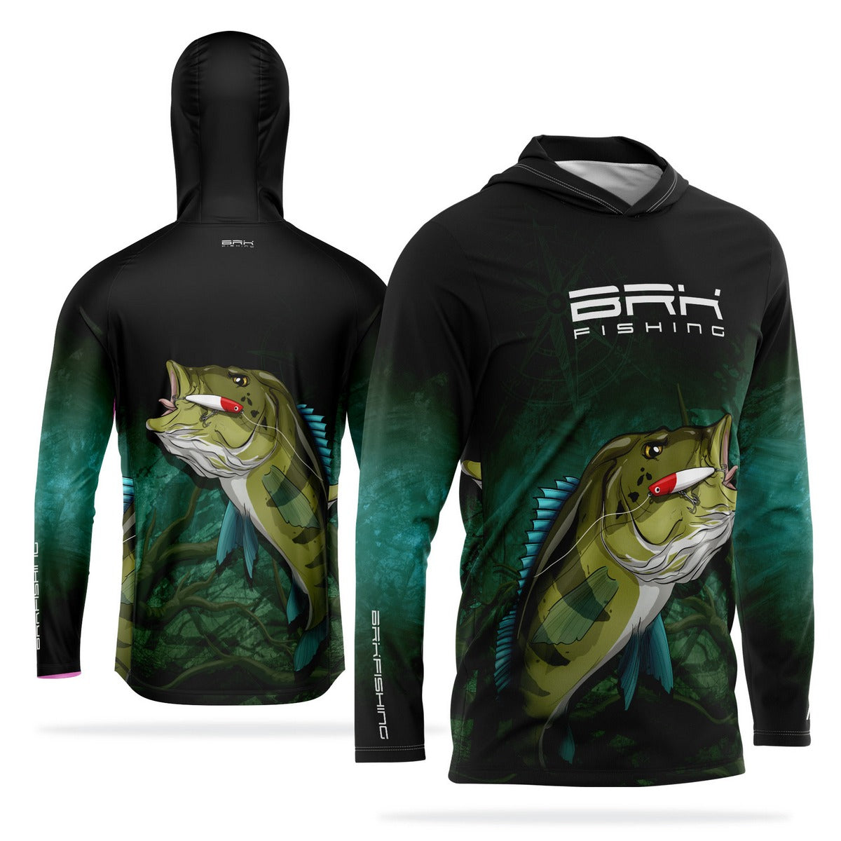 Camisa de Pesca com Capuz Brk Preta e Verde Brk Tucunaré Azul com Proteção Solar UV50+