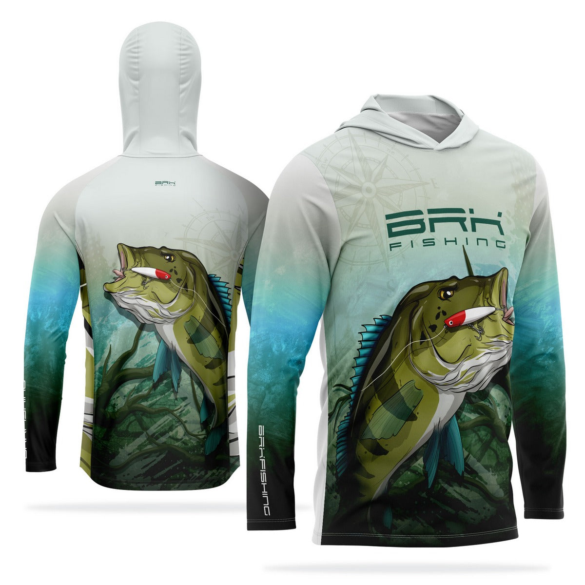 Camisa de Pesca com Capuz Brk Verde e Branca Tucunaré Azul com Proteção Solar UV50+