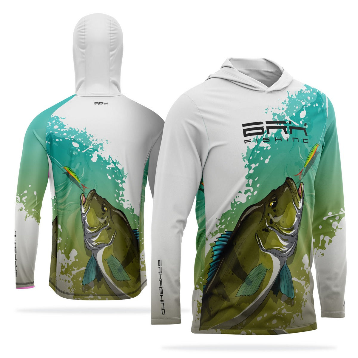 Camisa de Pesca com Capuz Brk Branca e Verde Tucunaré Azul com Proteção Solar UV50+