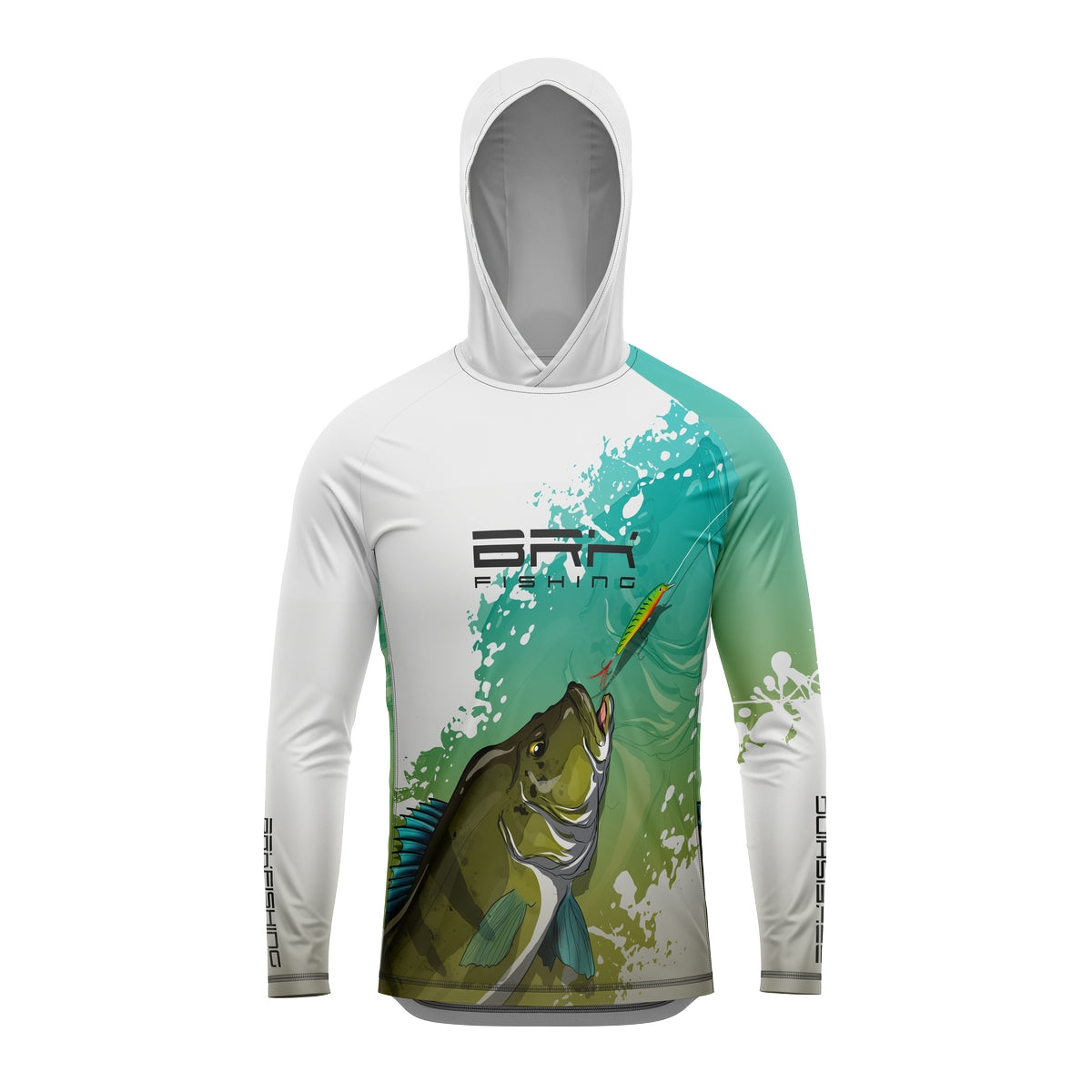 Camisa de Pesca com Capuz Brk Branca e Verde Tucunaré Azul com Proteção Solar UV50+