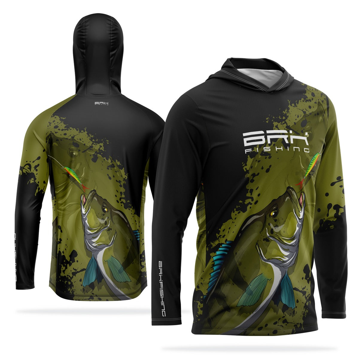 Camisa de Pesca com Capuz Brk Musgo e Preto Tucunaré Azul com Proteção Solar UV50+
