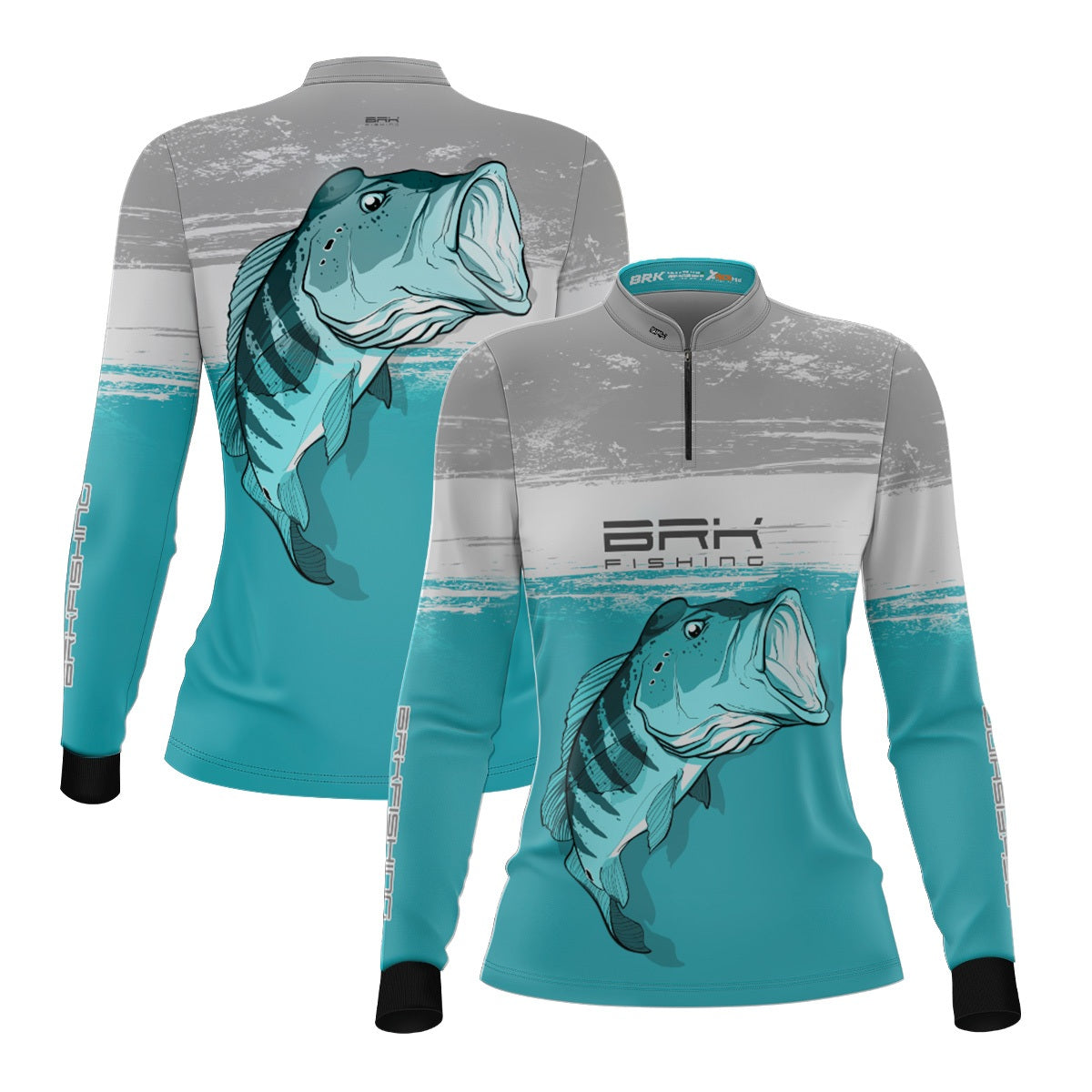 Camisa de Pesca Feminina Brk Branca e Ciano Tucunaré Azul com UV50+