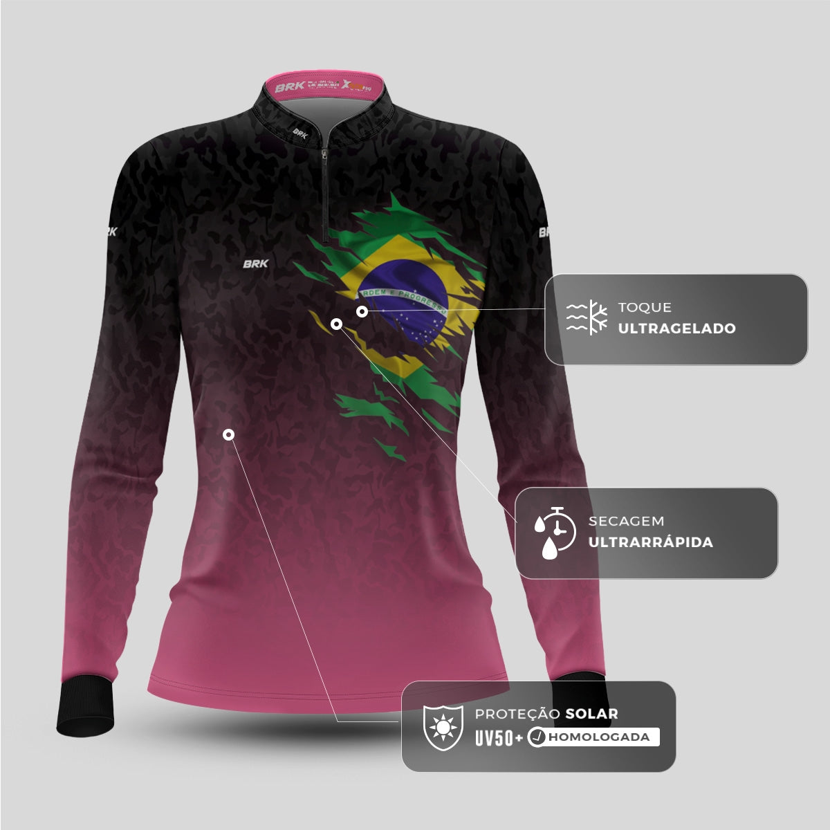 Camisa Feminina Agro Brk Camuflado Preto e Rosa Bandeira do Brasil com Proteção Solar UV50+