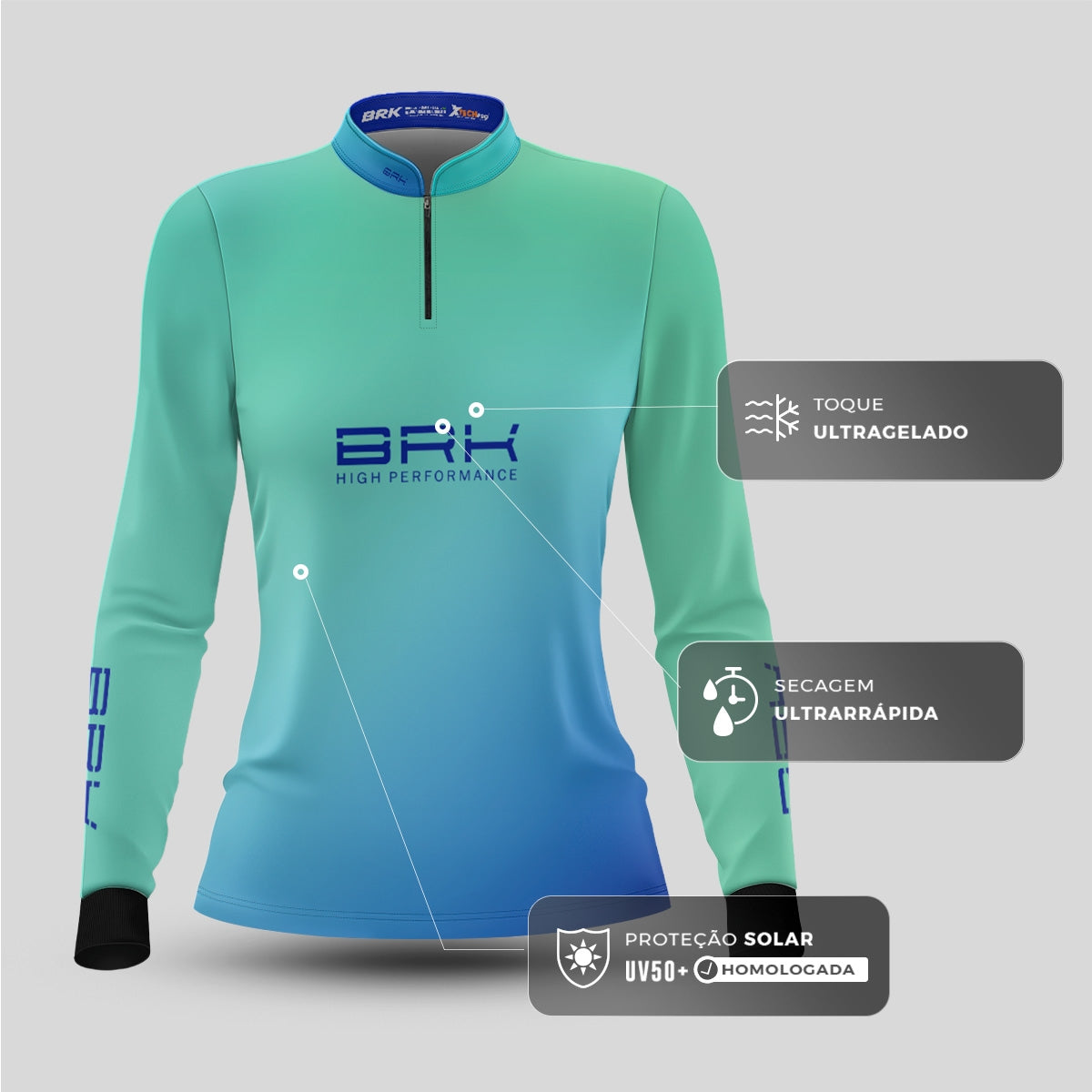 Camisa Agro Feminina Brk Azul e Verde com Proteção Solar UV50+