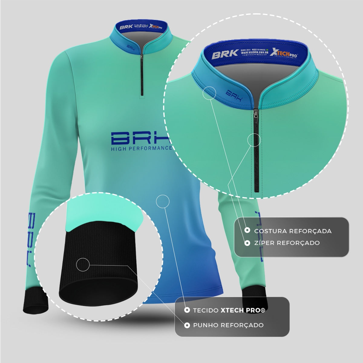 Camisa Agro Feminina Brk Azul e Verde com Proteção Solar UV50+