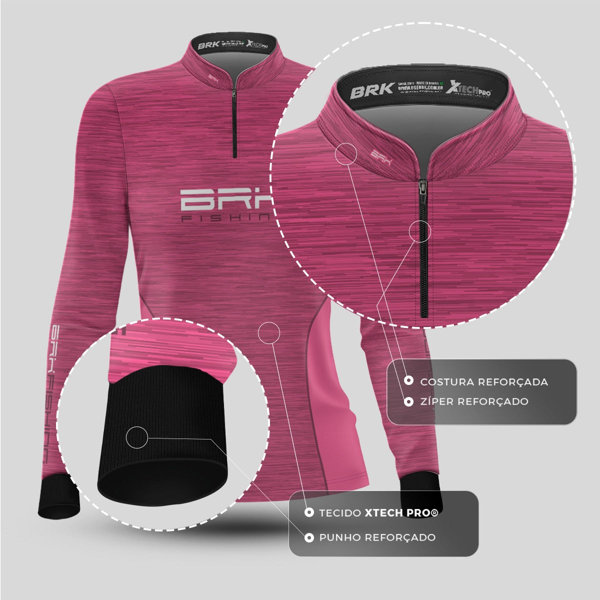 Camisa Feminina de Pesca Brk Fishing Rosa Bebê Mesclado com UV50+