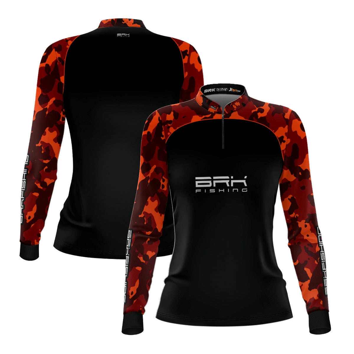 Camisa Feminina de Pesca  Brk Preta e Laranja Camuflada com UV50+