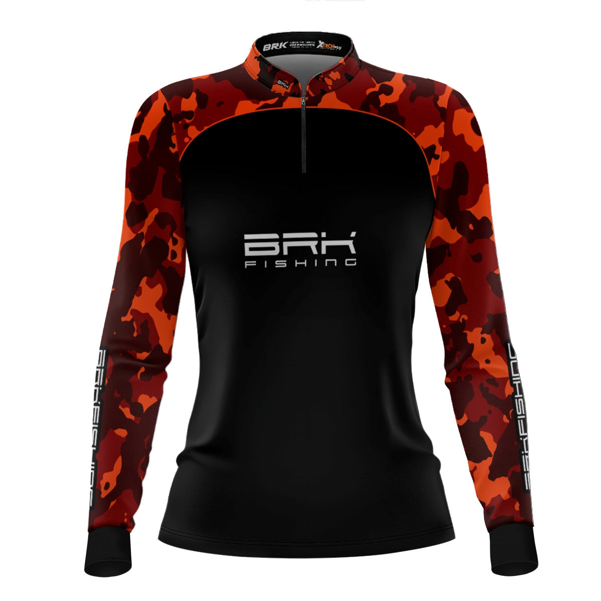 Camisa Feminina de Pesca  Brk Preta e Laranja Camuflada com UV50+