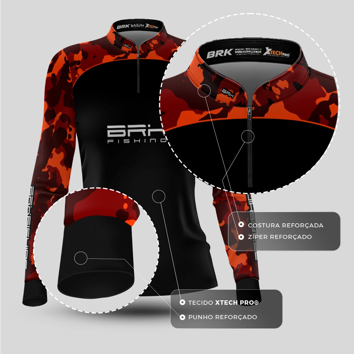Camisa Feminina de Pesca  Brk Preta e Laranja Camuflada com UV50+
