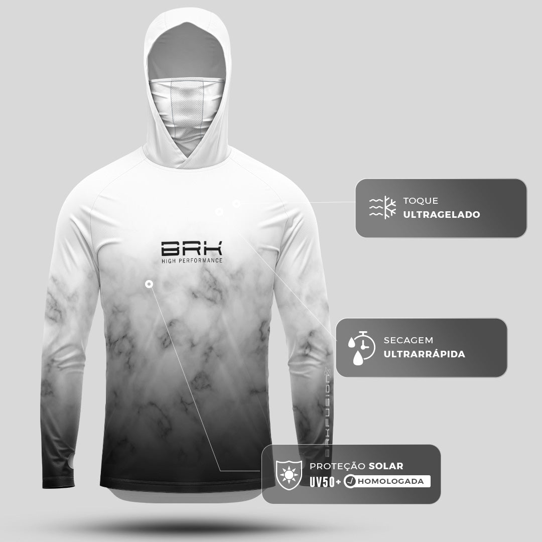 Camisa FusionX Brk Galaxy Branca e Preta com Capuz e Proteção UV50+