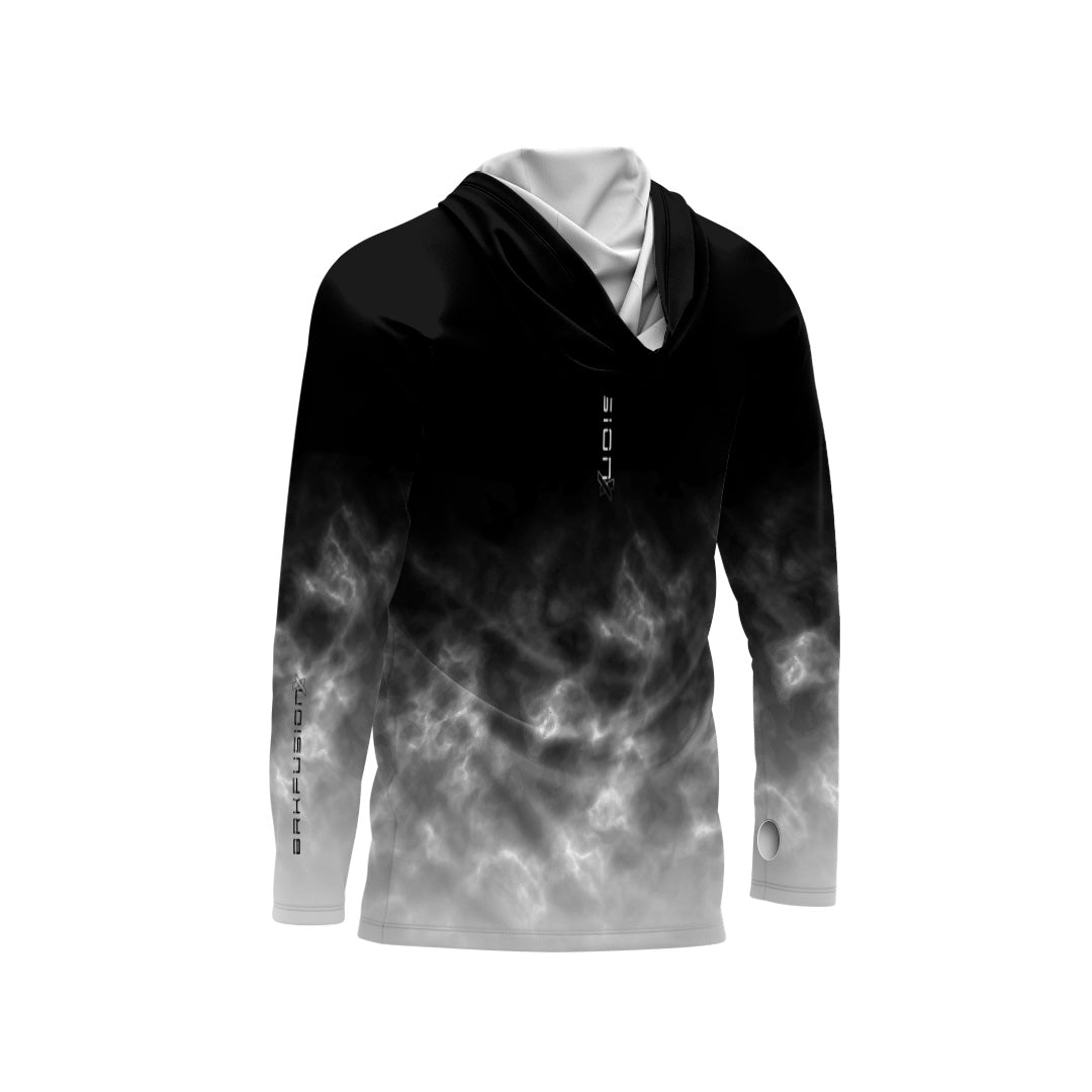 Camisa FusionX Brk Galaxy Efeito Mármore Preta e Branco com Capuz e Proteção UV50+
