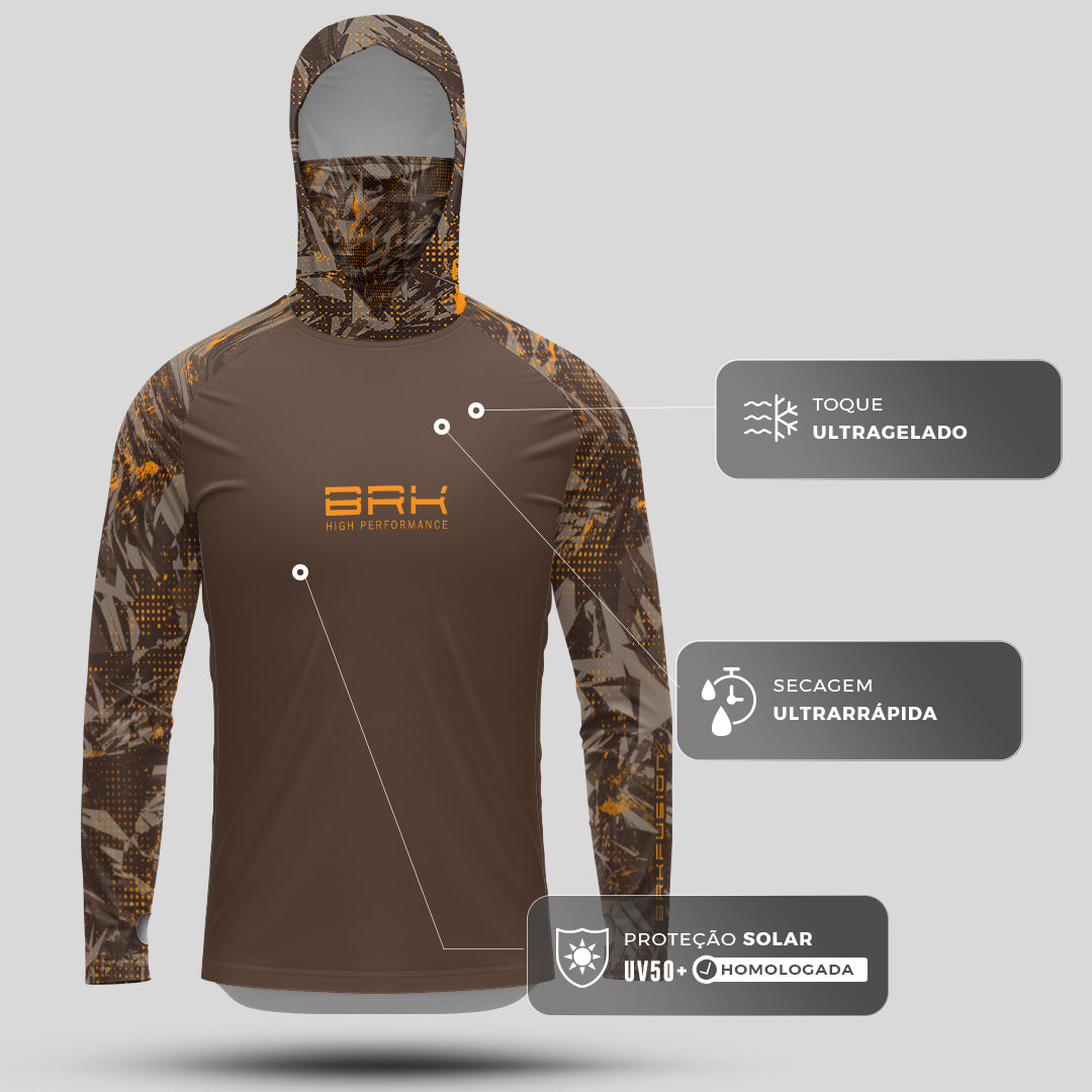 Camisa FusionX Brk Marine Marrom com Capuz e Proteção UV50+