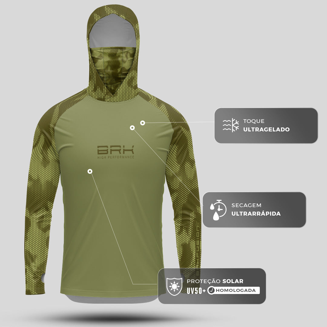 Camisa FusionX Brk Camo Verde com Capuz e Proteção UV50+