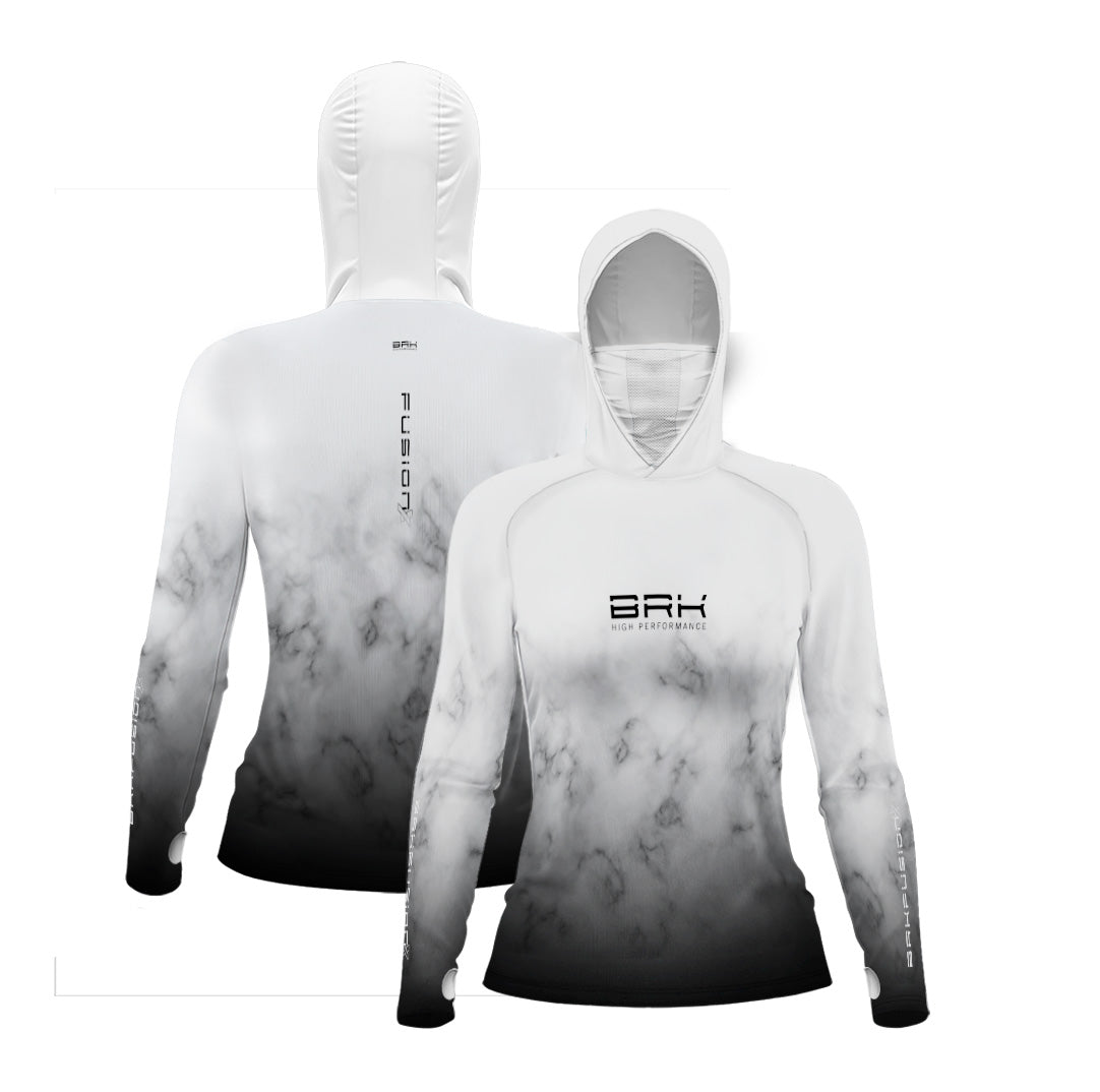 Camisa FusionX Feminina Brk Galaxy Branca e Preta com Capuz e Proteção UV50+