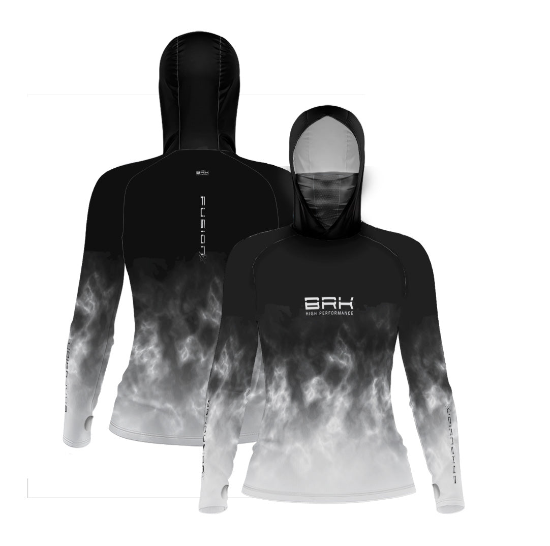 Camisa FusionX Feminina Brk Galaxy Efeito Mármore Preta e Branco com Capuz e Proteção UV50+