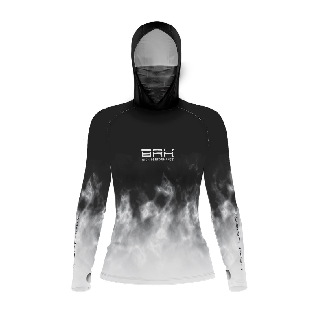 Camisa FusionX Feminina Brk Galaxy Efeito Mármore Preta e Branco com Capuz e Proteção UV50+