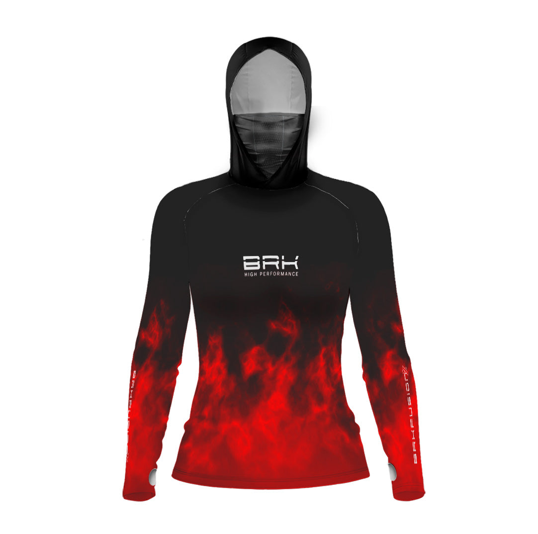 Camisa FusionX Feminina Brk Galaxy Preta e Vermelho com Capuz e Proteção UV50+