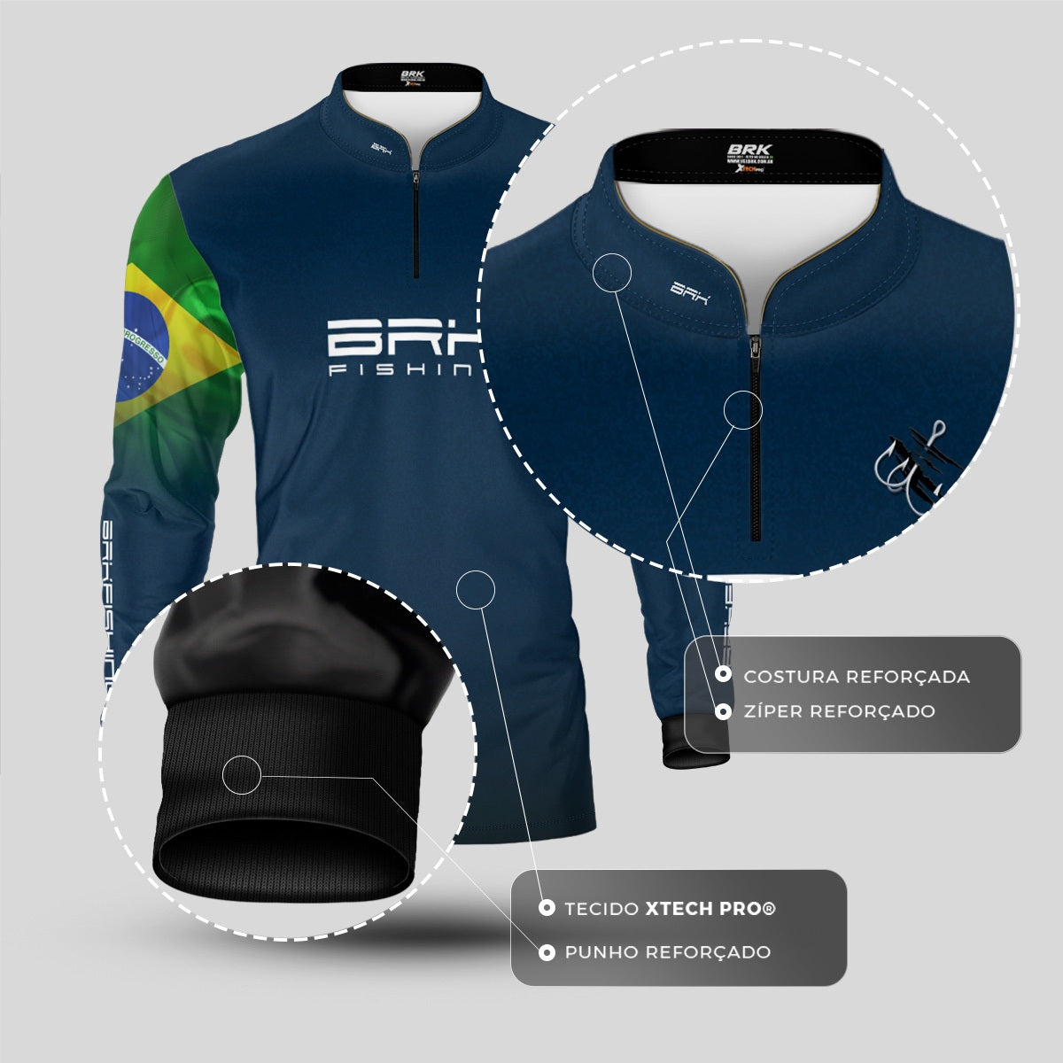 Camisa de Pesca Brk Azul Bandeira do Brasil Garateia com Proteção UV50+