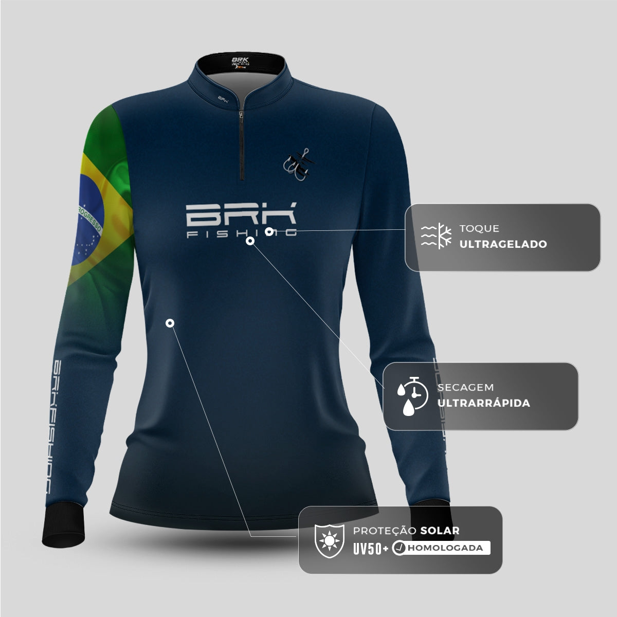Camisa de Pesca Feminina Brk Azul Bandeira do Brasil Garateia com Proteção UV50+