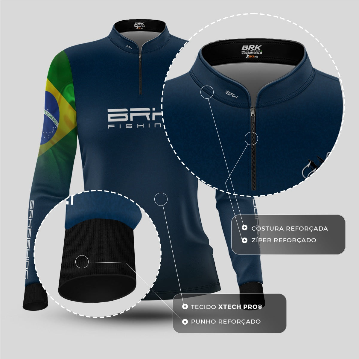 Camisa de Pesca Feminina Brk Azul Bandeira do Brasil Garateia com Proteção UV50+