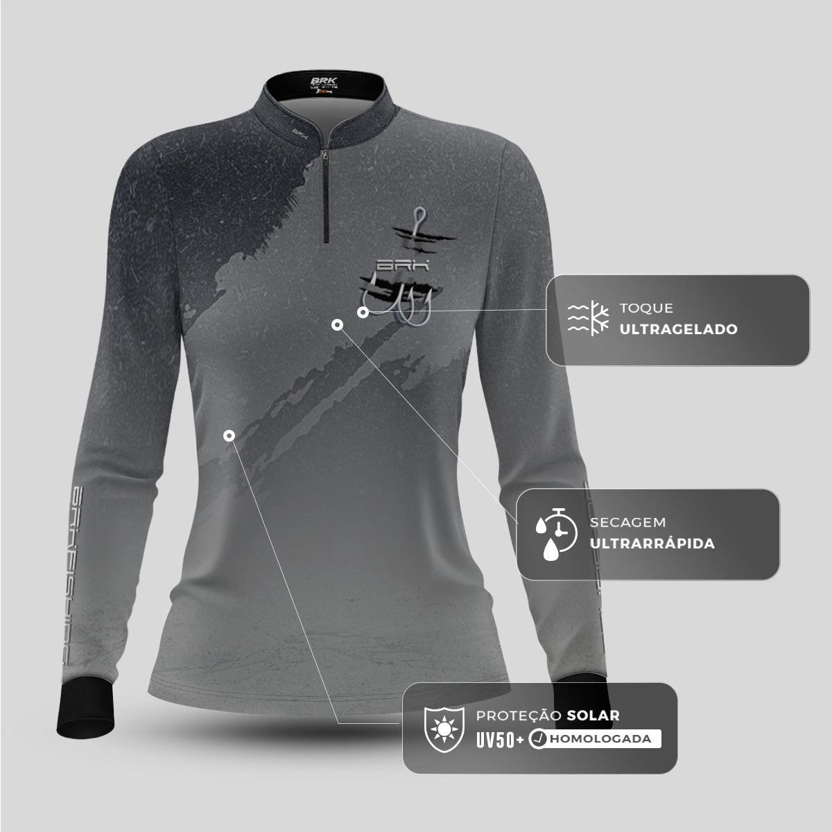 Camisa de Pesca Feminina Brk Cinza Grafismo Garateia com Proteção UV50+