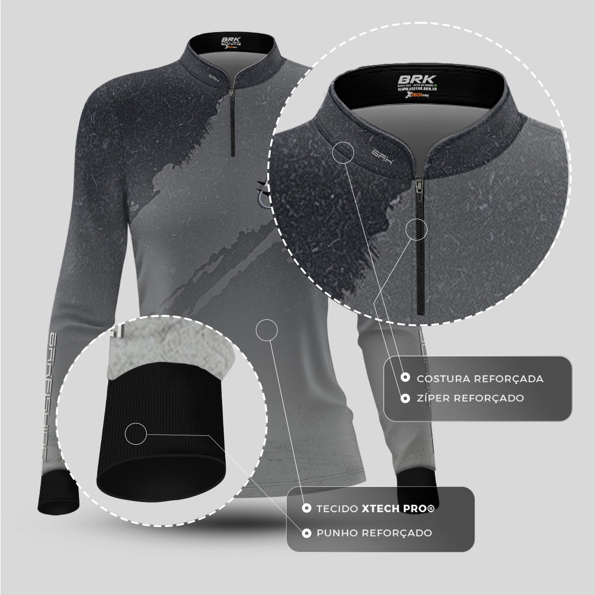 Camisa de Pesca Feminina Brk Cinza Grafismo Garateia com Proteção UV50+