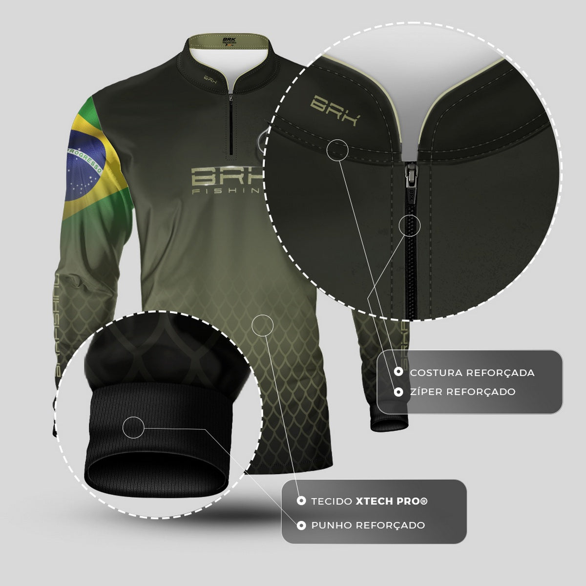 Camisa de Pesca Brk Verde Escamas Bandeira do Brasil Garateia com Proteção UV50+