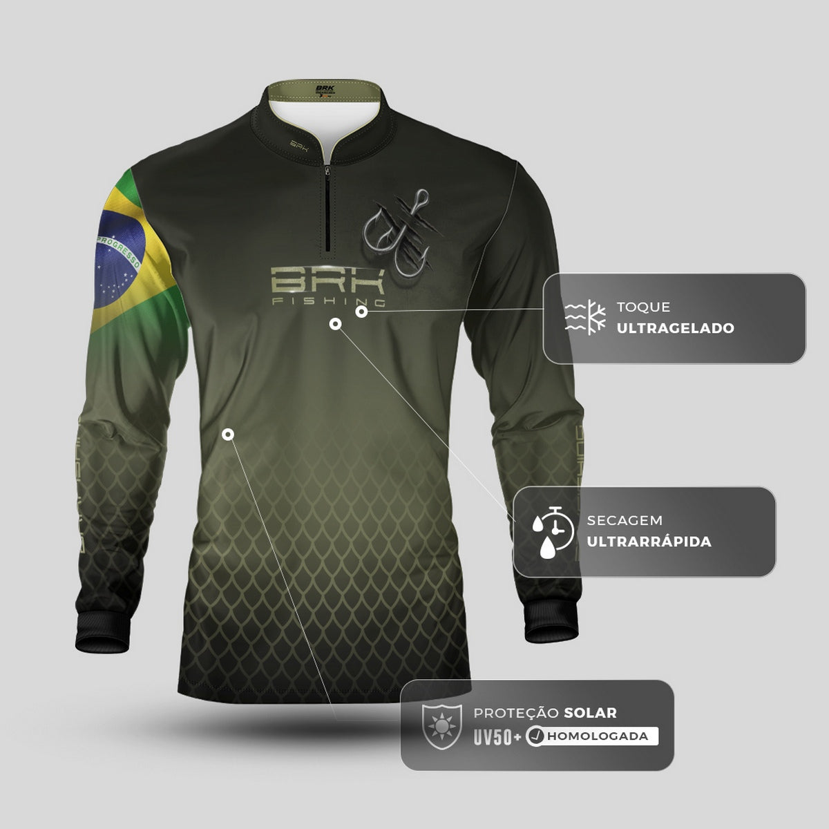 Camisa de Pesca Brk Verde Escamas Bandeira do Brasil Garateia com Proteção UV50+