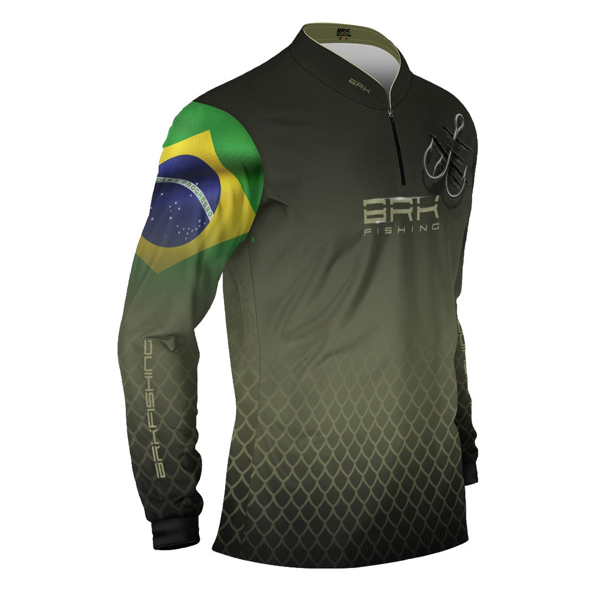 Camisa de Pesca Brk Verde Escamas Bandeira do Brasil Garateia com Proteção UV50+