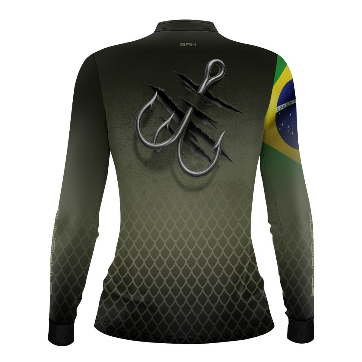 Camisa de Pesca Feminina Brk Verde Escamas Bandeira do Brasil Garateia com Proteção UV50+
