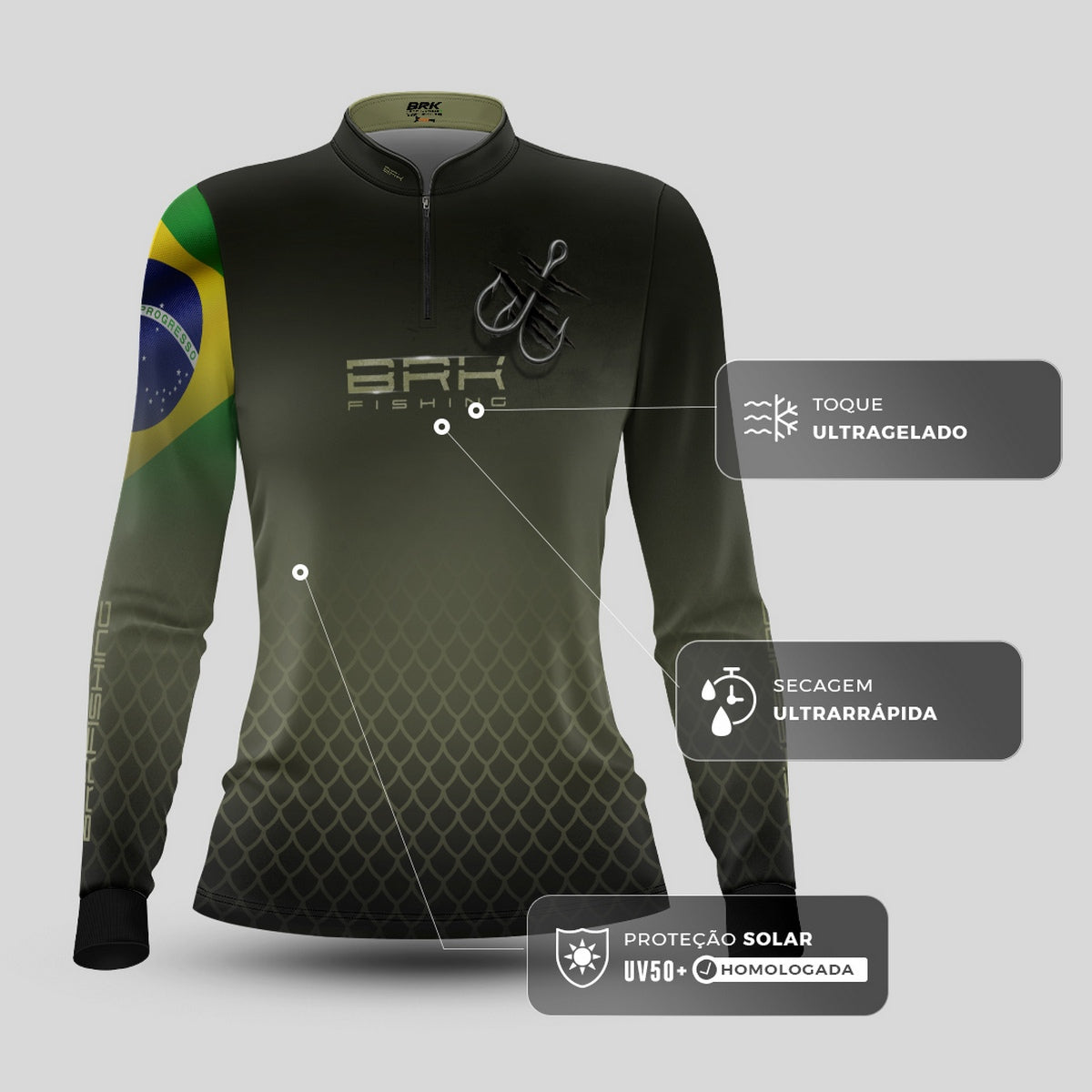 Camisa de Pesca Feminina Brk Verde Escamas Bandeira do Brasil Garateia com Proteção UV50+