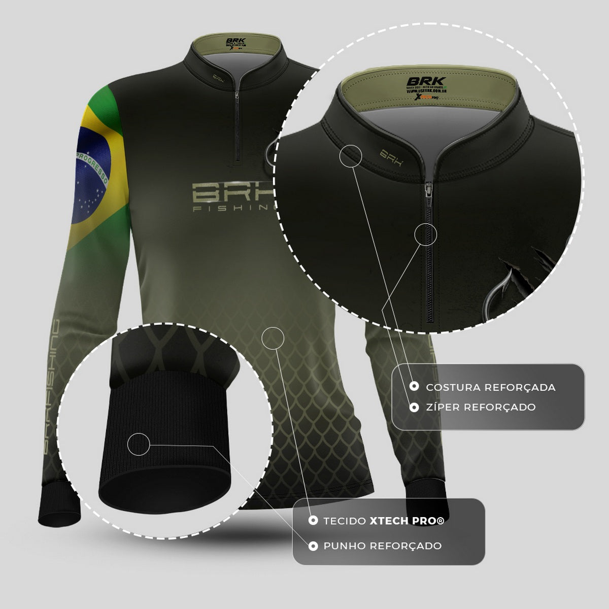 Camisa de Pesca Feminina Brk Verde Escamas Bandeira do Brasil Garateia com Proteção UV50+