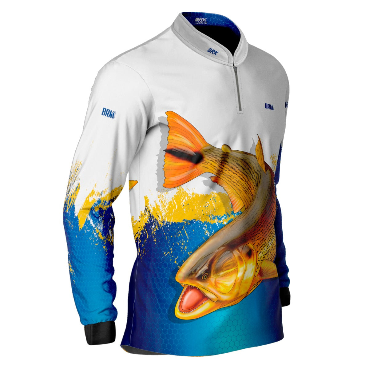 Camisa de Pesca Brk Azul e Amarelo Peixe Dourado com UV50+