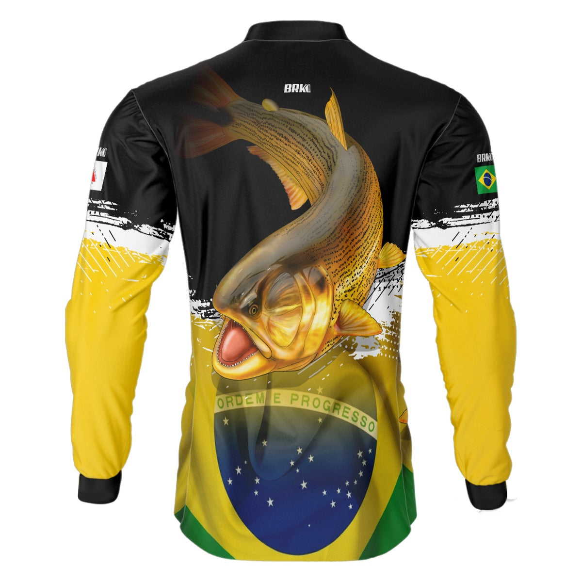 Camisa de Pesca Brk Preta e Amarela Peixe Dourado com UV50+