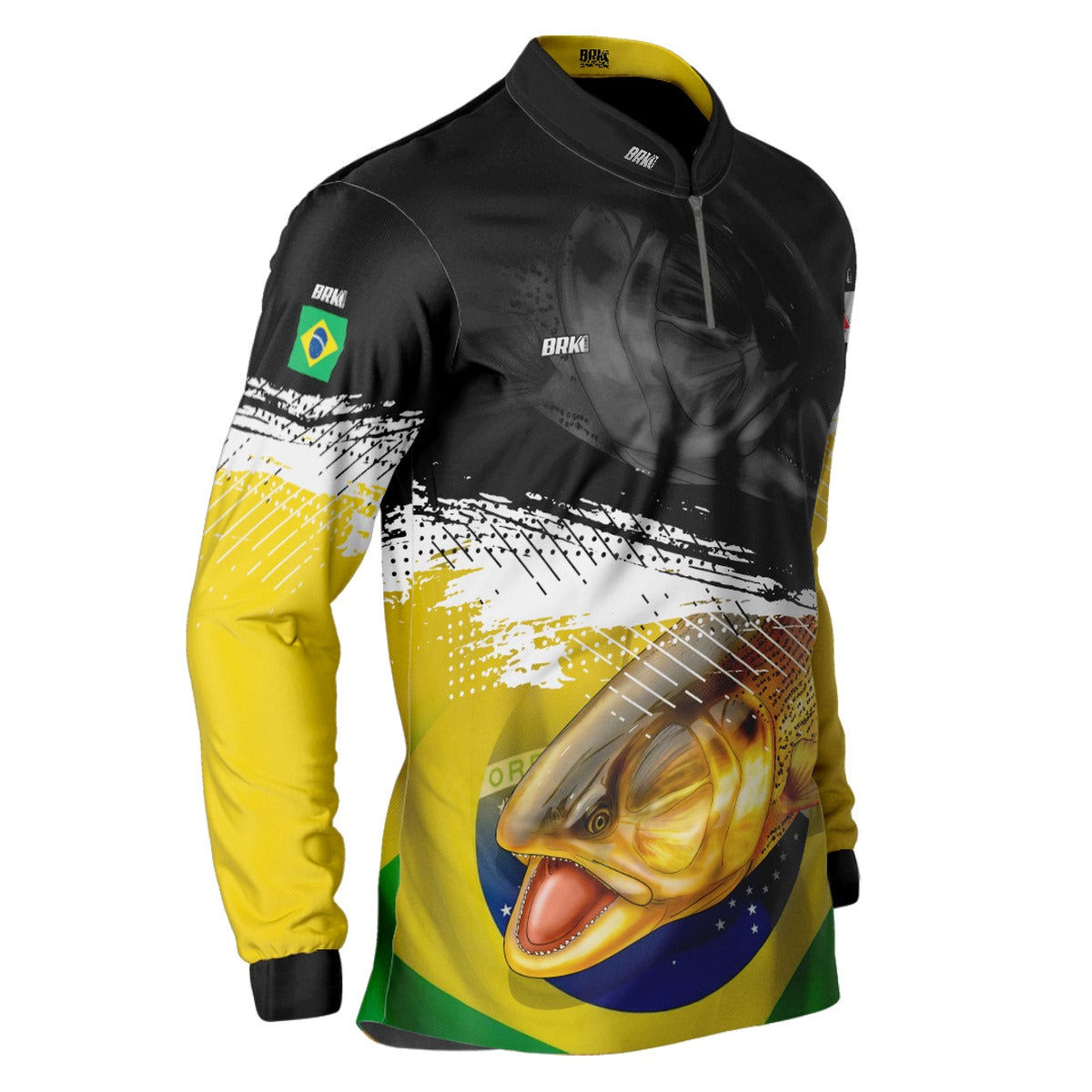 Camisa de Pesca Brk Preta e Amarela Peixe Dourado com UV50+