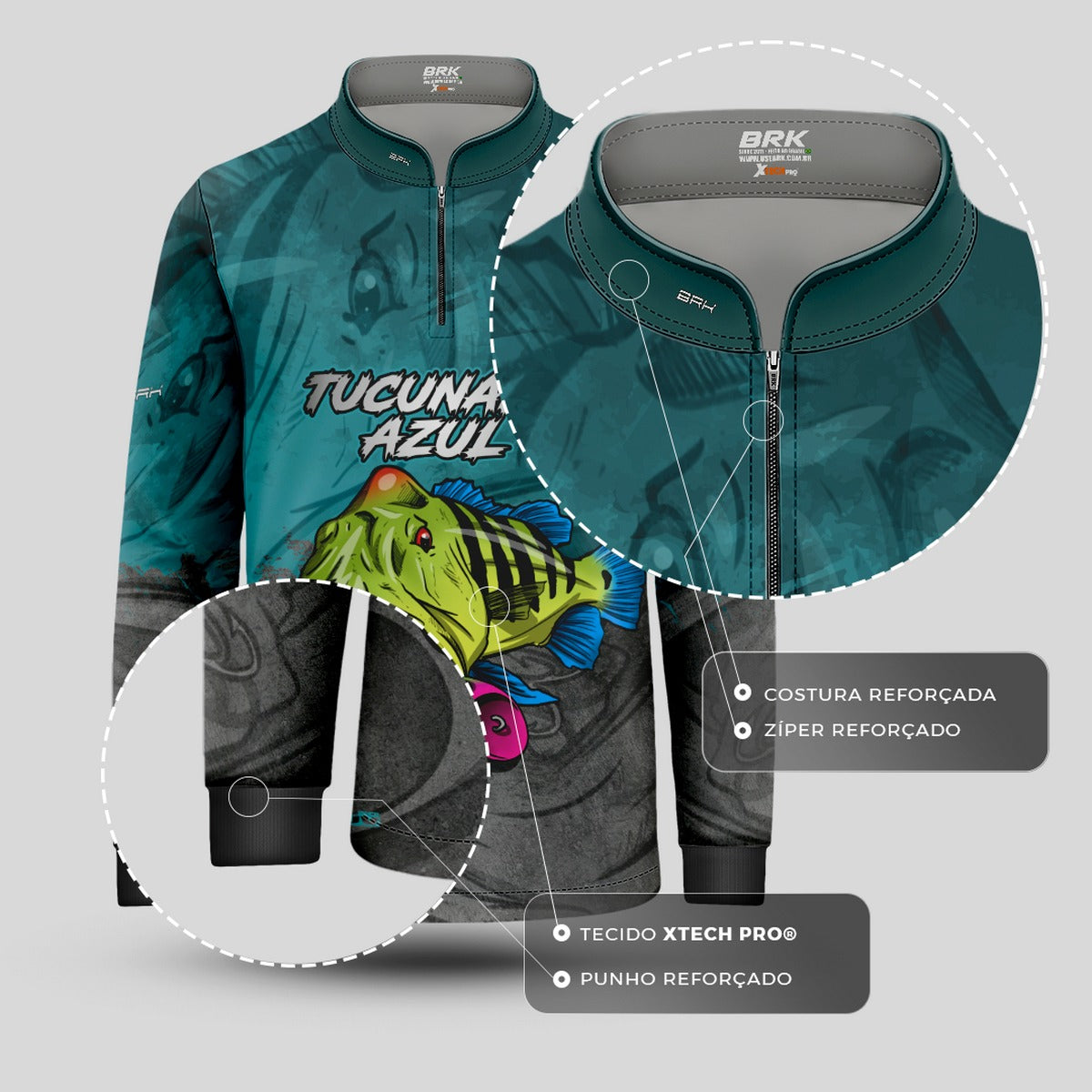 Camisa de Pesca Infantil Brk Tucunaré Azul Cinza com Proteção UV 50+