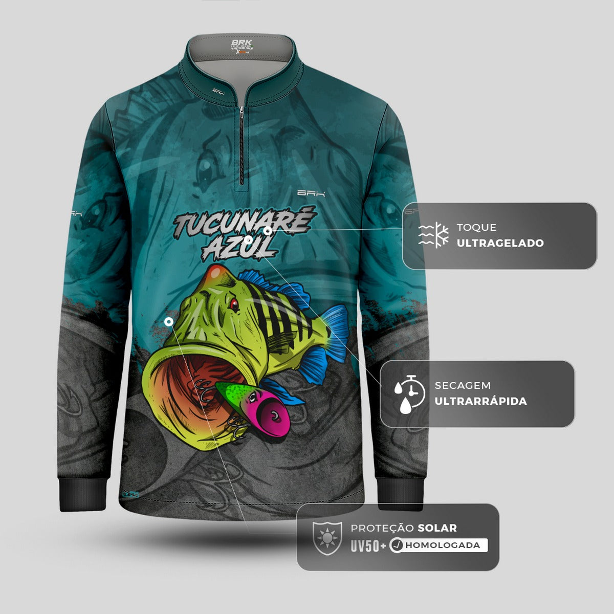 Camisa de Pesca Infantil Brk Tucunaré Azul Cinza com Proteção UV 50+