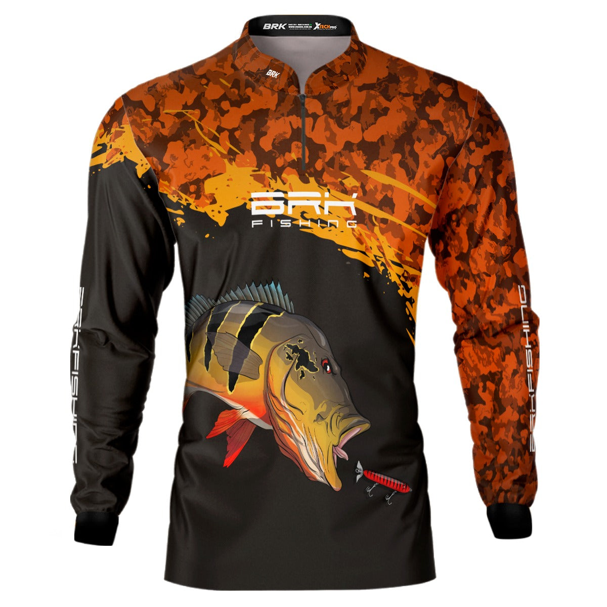 Camisa de Pesca Preta e Laranja Camo Brk Tucunaré Açu com UV50+