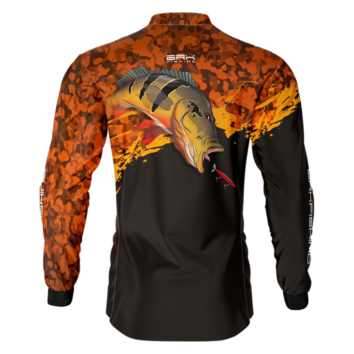 Camisa de Pesca Preta e Laranja Camo Brk Tucunaré Açu com UV50+