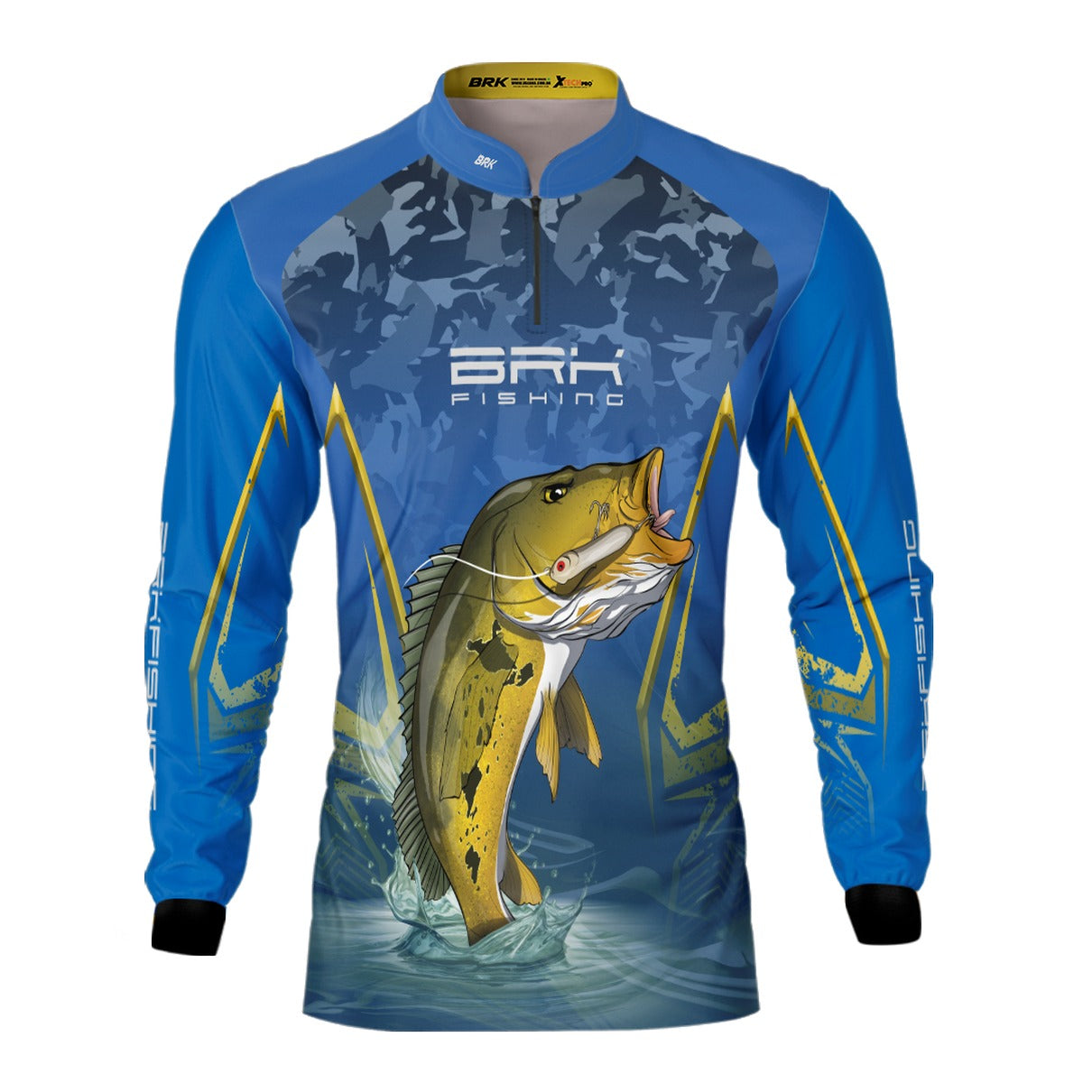 Camisa de Pesca Azul Escuro Brk Tucunaré Amarelo com UV50+