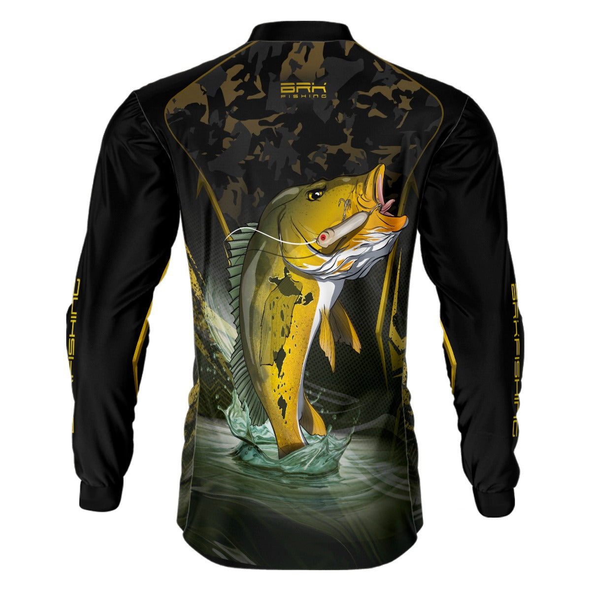 Camisa de Pesca Brk Preta Camo Tucunaré Amarelo com Proteção UV50+